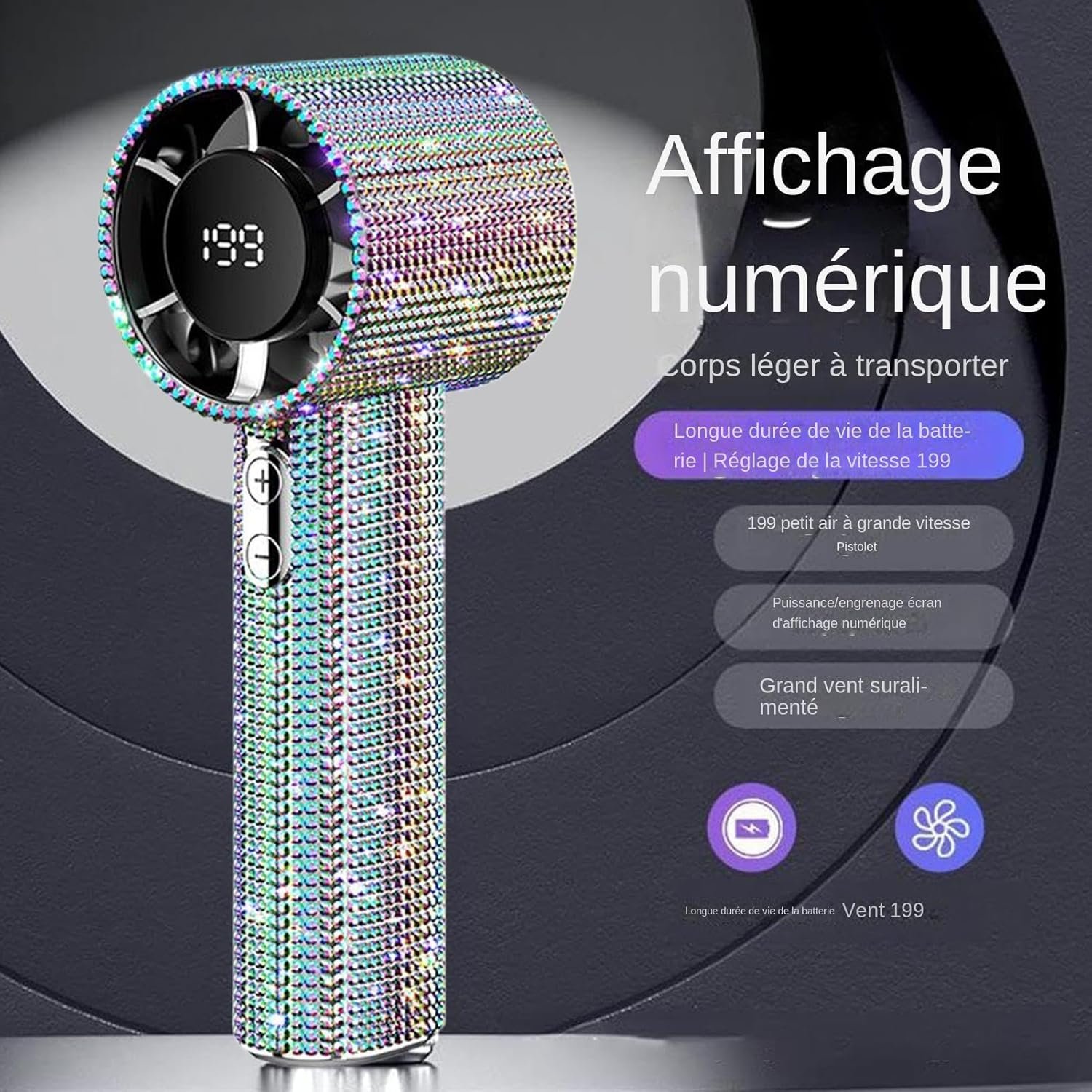 Ventilatore tascabile portatile | Ventilatore portatile con strass a mano per rinfrescare personale - Gadget ricaricabile con display a LED per vacanze escursionismo campeggio - Image 3