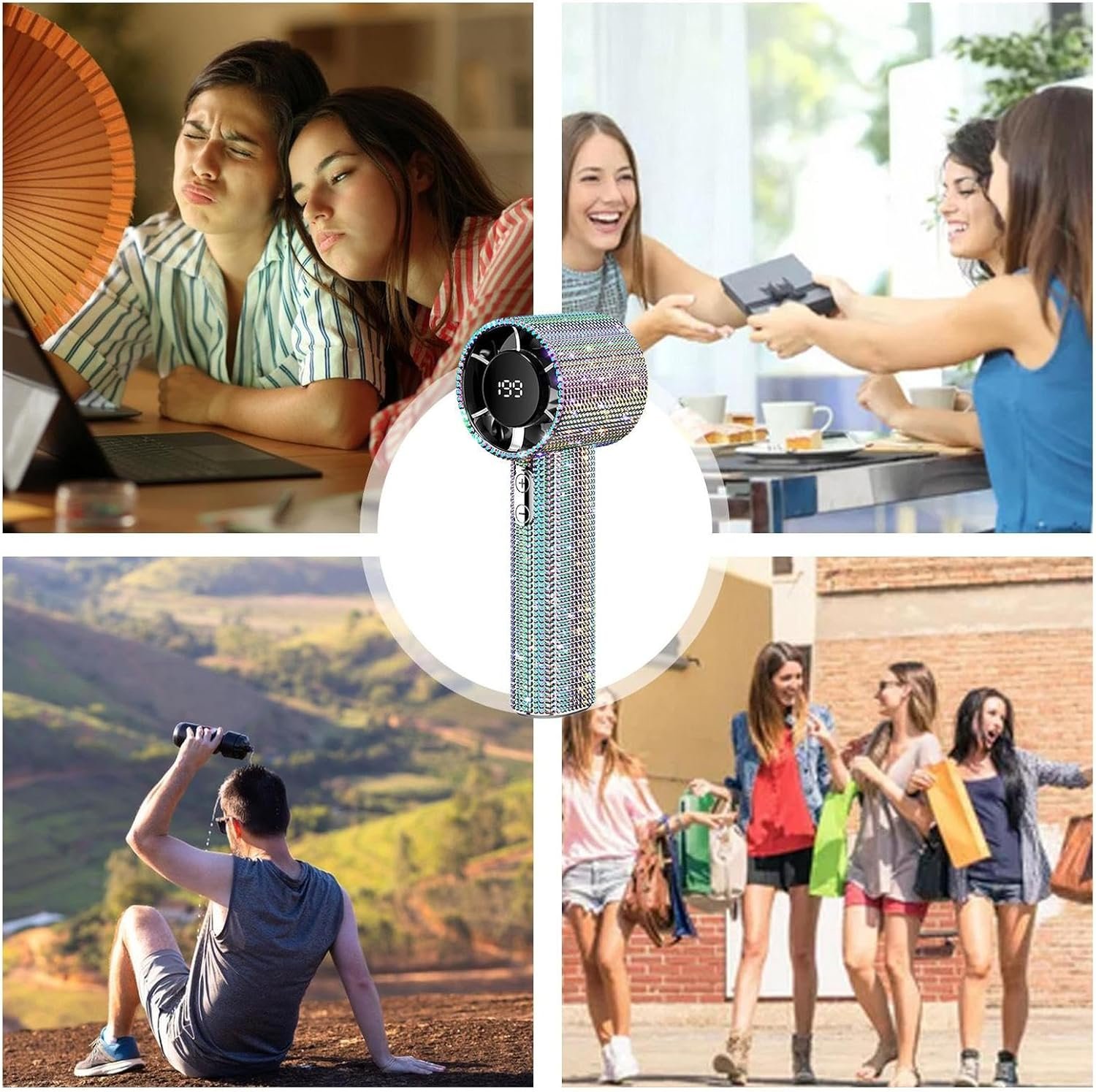 Ventilatore tascabile portatile | Ventilatore portatile con strass a mano per rinfrescare personale - Gadget ricaricabile con display a LED per vacanze escursionismo campeggio - Image 4